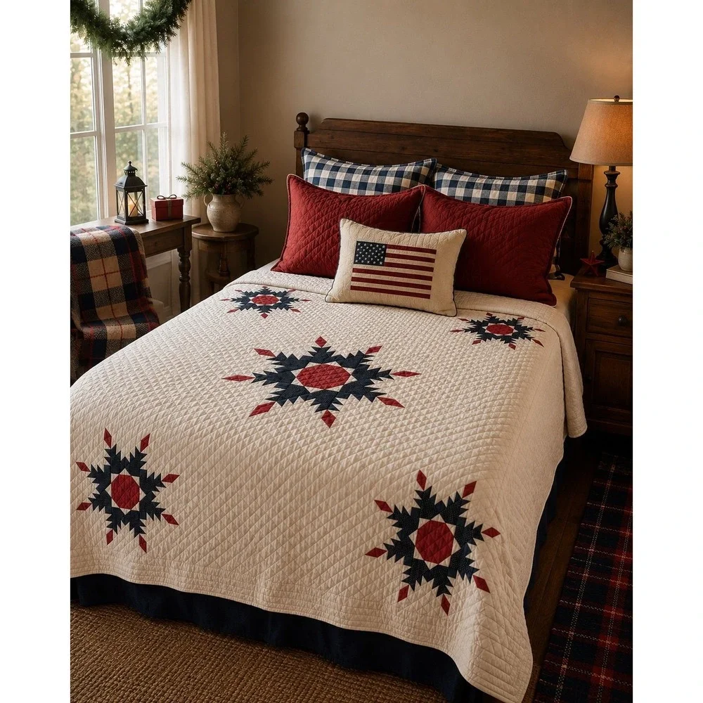 Large Snowflake quilt. In Americana colors. Hand sewn